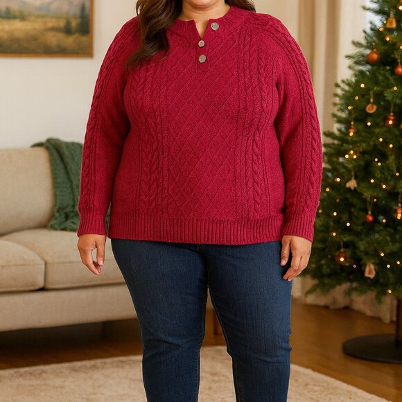 NWT Appleseeds Women’s Sweater Sz 1X Cable Knit Heavyweight Fisherman’s Red - Picture 8 of 8